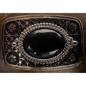 Vintage Cabochon Gemstone Holder Belt Buckle 1980s Western Floral Engraved Black